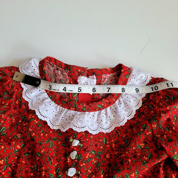 Hand made girls red dress with little roses and white lace collar. - Picture 3 of 5